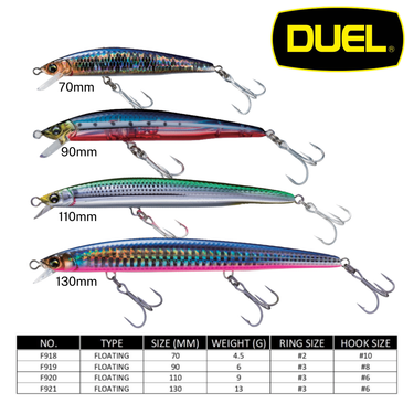 DUEL - HARDCORE MINNOW 70mm/90mm/110mm/130mm F918/F919/F920/F921 FLOATING FISHING LURES