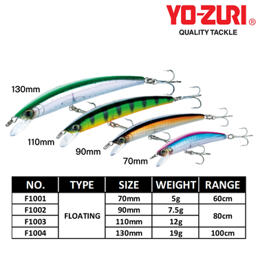 YOZURI - CRYSTAL MINNOW 70mm/90mm/110mm/130mm F1001/F1002/F1003/F1004 FLOATING FISHING LURES