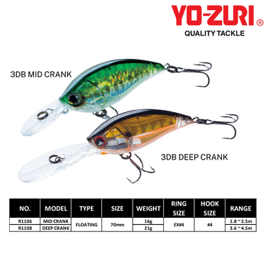 YOZURI - 3DB MID CRANK/DEEP CRANK FLOATING 70mm R1106/R1108 FISHING LURES