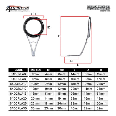 AMERICAN TACKLE - RING LOCK AFRAME GUIDE 316SS CHROME 64DCRLA DURA RING FISHING ROD GUIDE
